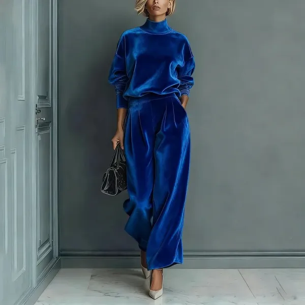 Design Velvet Turtleneck Top and Wide-Leg Pants Set Red Sets - 10