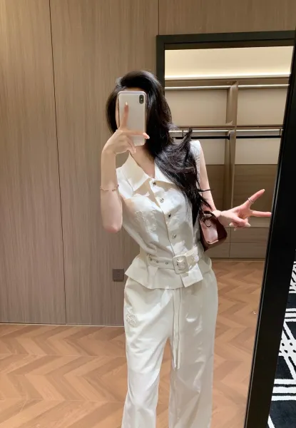 Design Sleeveless Shirt and Wide-Leg Pants Set White - 8