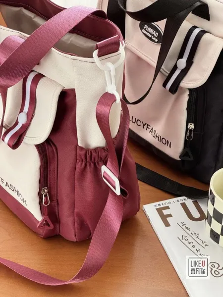 Design FUMIAO Monday Lucy Fashion Tote Bag Burgundy and Cream Tote Bag - 11