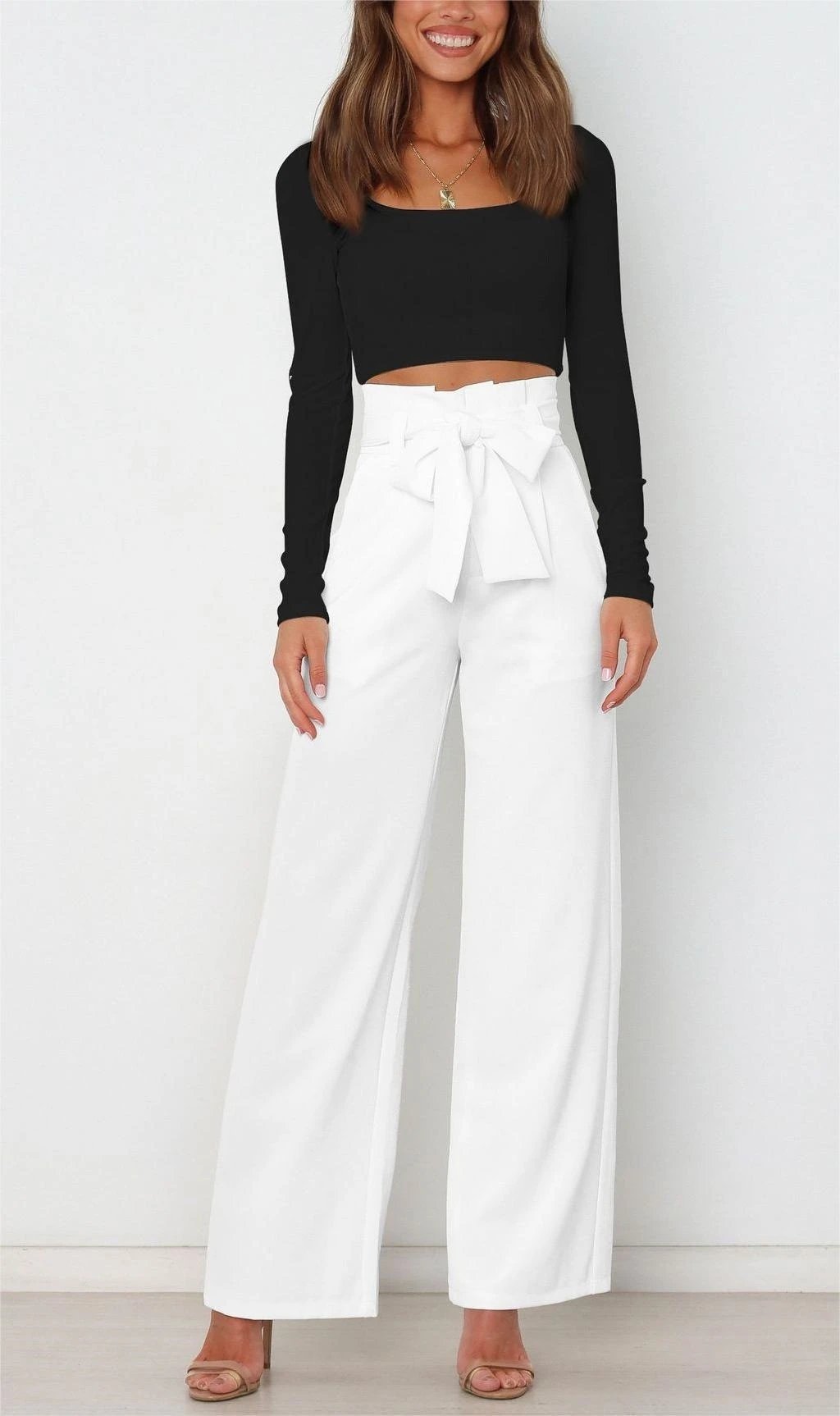 Design High-Waisted Paperbag Waist Wide-Leg Pants White