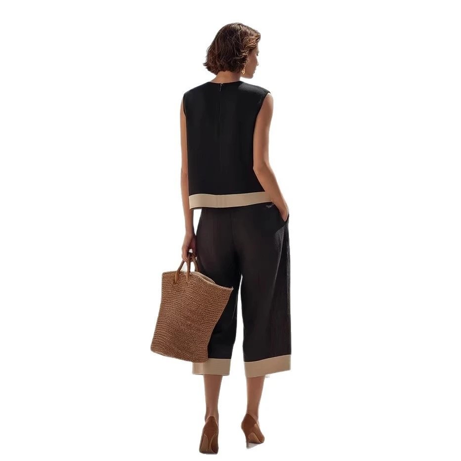 Black Sleeveless Top Beige Trim Wide Leg Culottes Set
