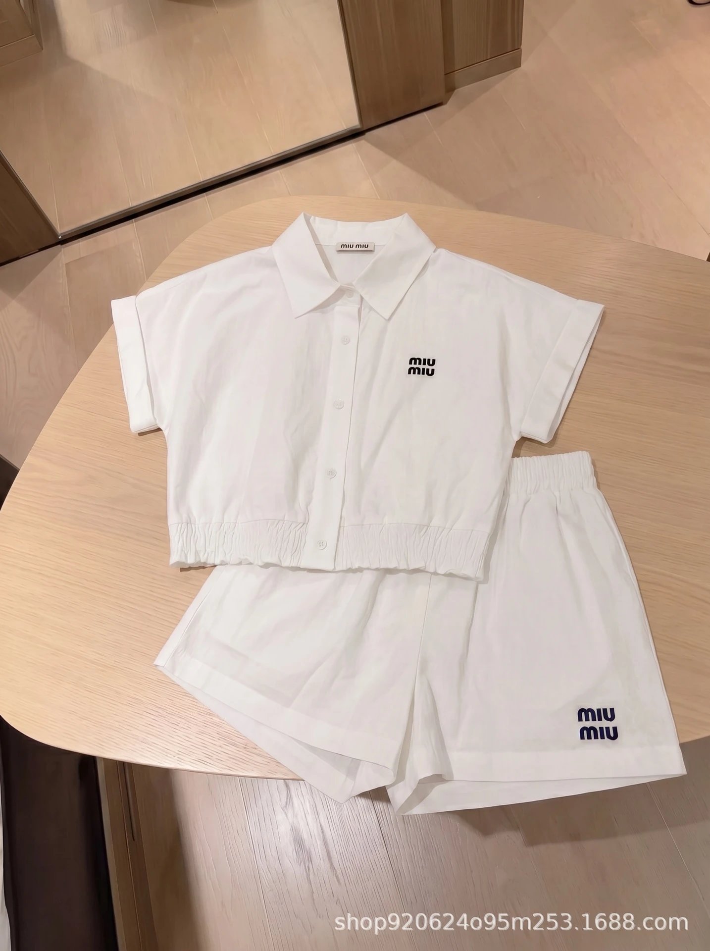 Miu Miu Logo-Embroidered White Shirt and Shorts Set - 11
