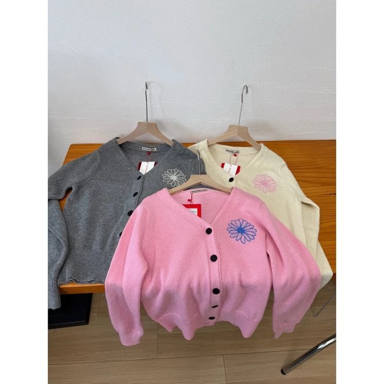 Knit Cardigan Gray Beige Pink Floral Embroidered V-Neck