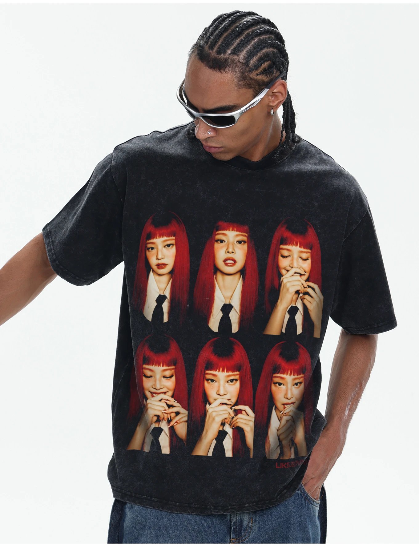 Design LIKEJENNIE x [Unknown Brand] Red Hair Grid T-Shirt Black T-Shirts - 17