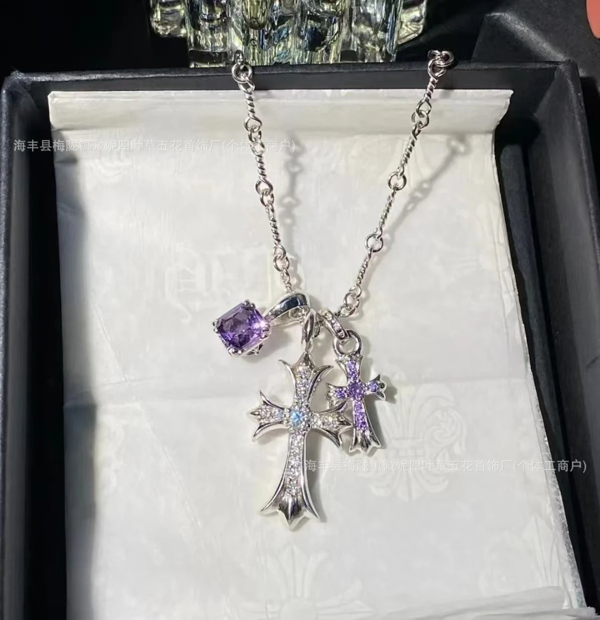 Chrome Hearts Cross Pendant Necklace with Amethyst and Cubic Zirconia Jewelry