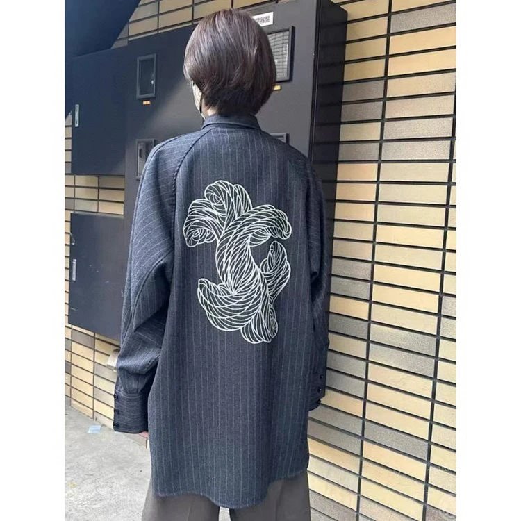 Needles Kimono Jacket Gray Pinstripe with White Rope Motif Outerwear - 15