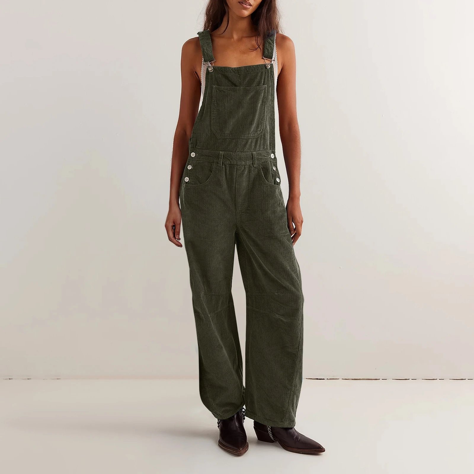 Design Black Corduroy Wide-Leg Overalls Pants - 9