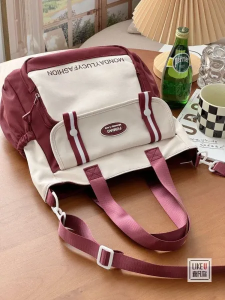 Design FUMIAO Monday Lucy Fashion Tote Bag Burgundy and Cream Tote Bag - 39