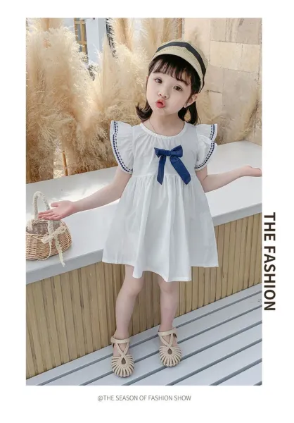 Design Bow Detail White Dress with Navy Trim Kids Dress - 12