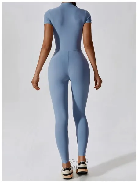 Design Black Zip-Front High-Neck Bodysuit with Short Sleeves Activewear - 9
