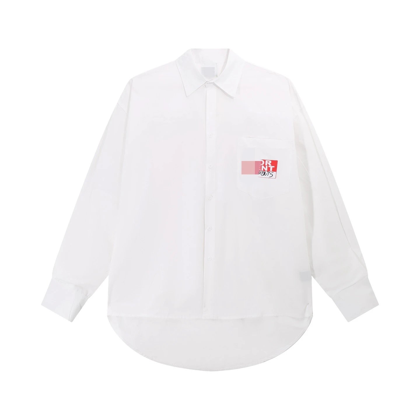 Black Oversized Button-Up Shirt with Graphic Patch Pocket
