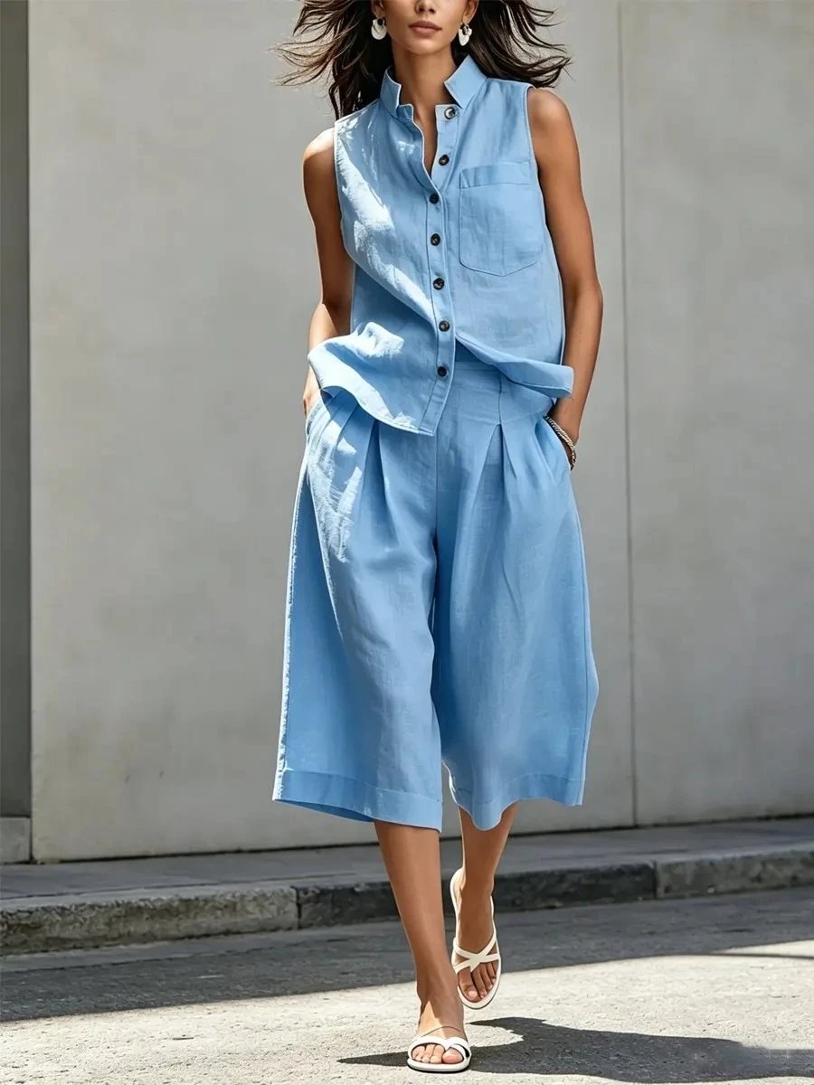 Design Sleeveless Button-Front Shirt and Wide-Leg Culottes Set White - 6