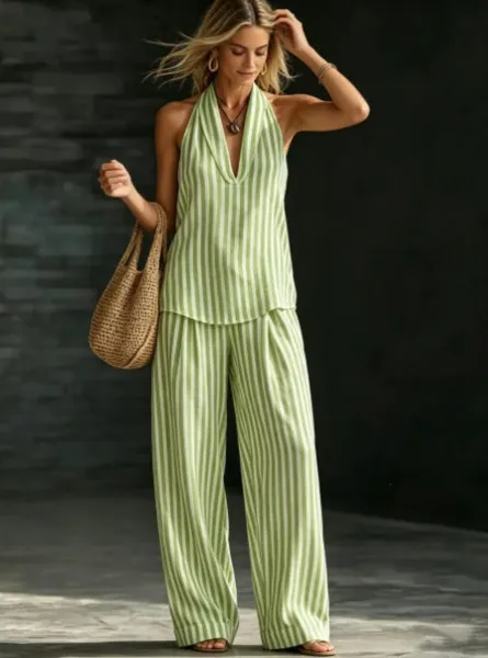 Design Striped Halter Neck Two-Piece Set Pink and White Pants Sets - 11