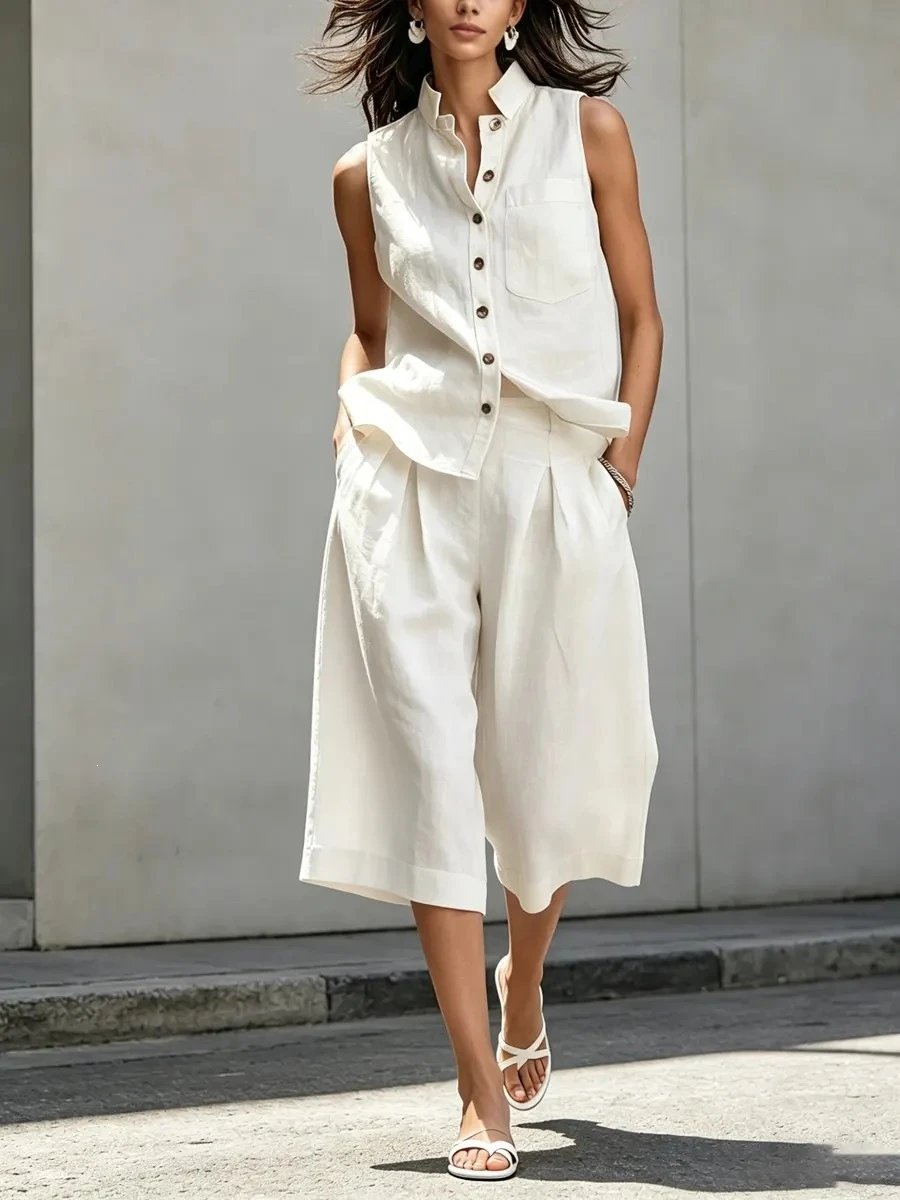 Design Sleeveless Button-Front Shirt and Wide-Leg Culottes Set White - 7