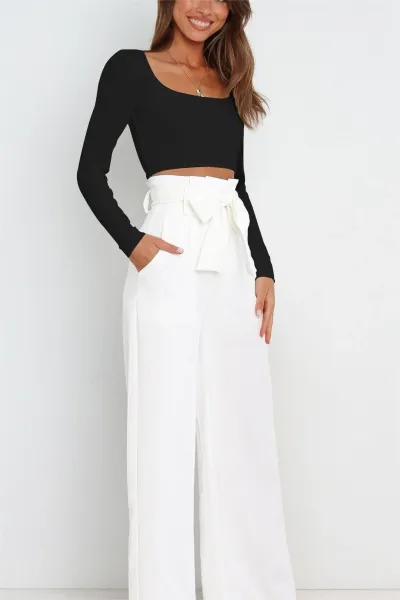 Design High-Waisted Paperbag Waist Wide-Leg Pants Black - 13