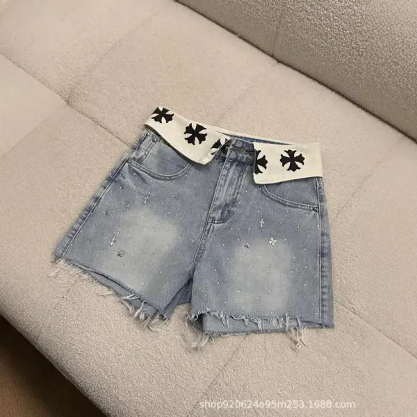 Chrome Hearts x Denim Shorts Light Wash with Cross Motif Waistband and Rhinestone Embellishments - 1