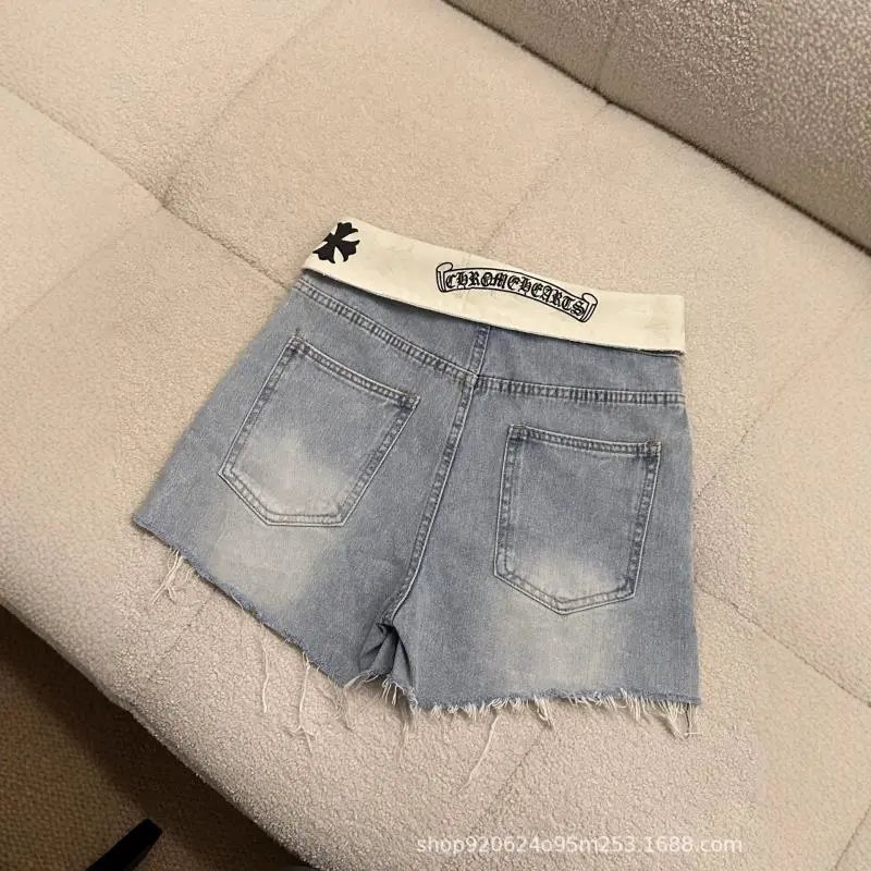 Denim Shorts Light Blue Embellished Frayed Hem with Cross Logo Waistband