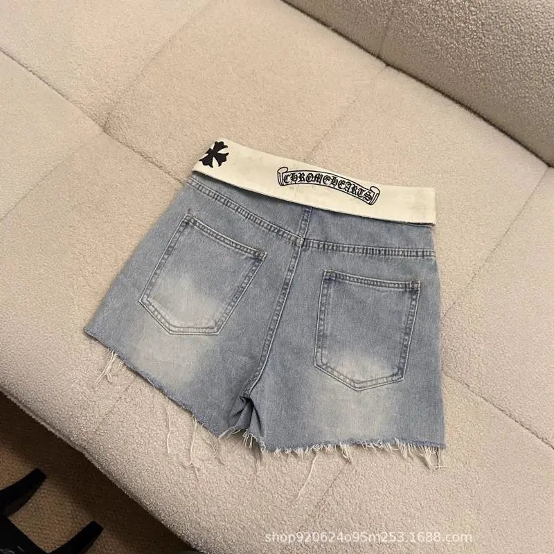 Denim Shorts Light Blue Embellished Frayed Hem with Cross Logo Waistband