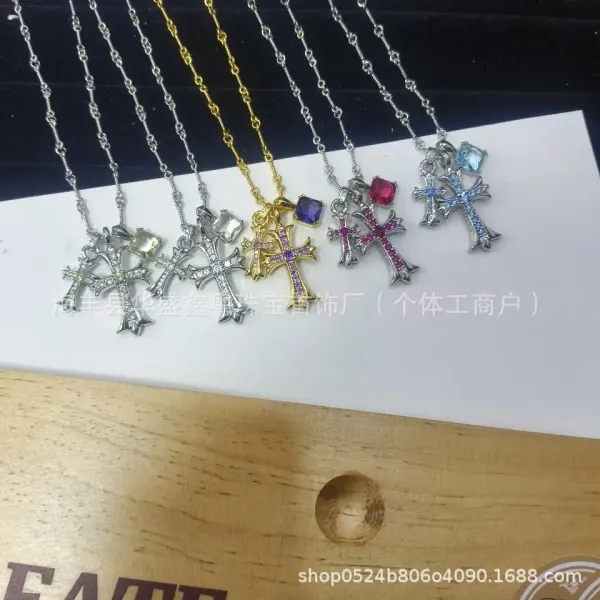 Design Cross Pendant Necklace with Pink Cubic Zirconia Silver Chain Jewelry - 3