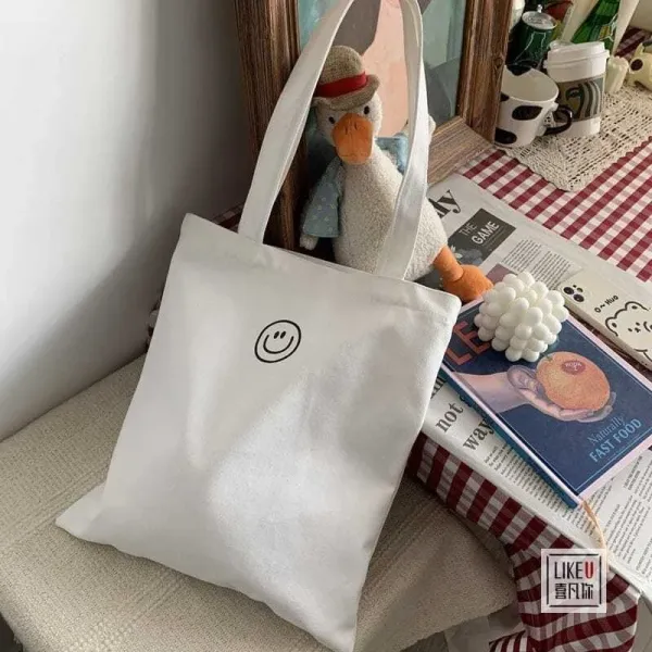 Design Smiley Face Canvas Tote Bag Black - 11
