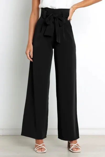 Design High-Waisted Paperbag Waist Wide-Leg Pants Black - 20
