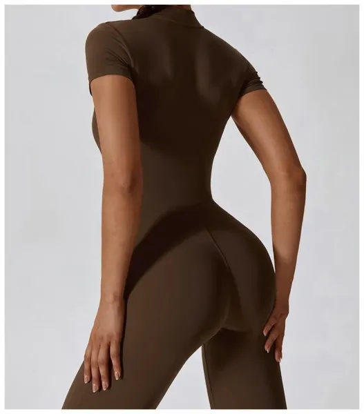 Design Black Zip-Front High-Neck Bodysuit with Short Sleeves Activewear - 21