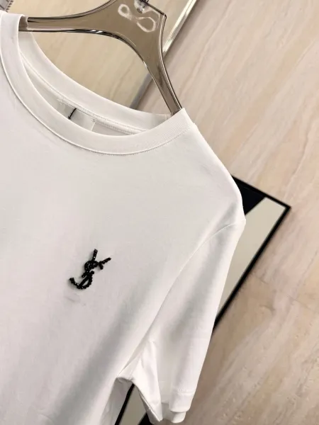 Saint Laurent Monogram Embroidered White T-Shirt - 11