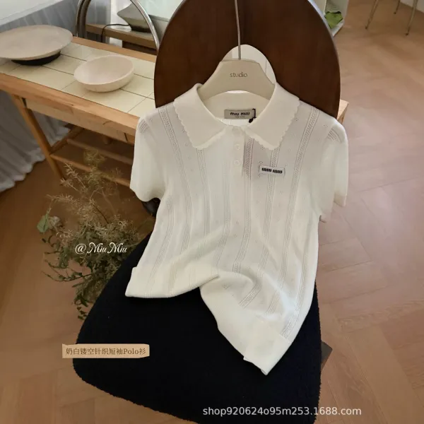 Miu Miu Knit Short-Sleeve Polo Shirt in Cream with Scalloped Collar - 1