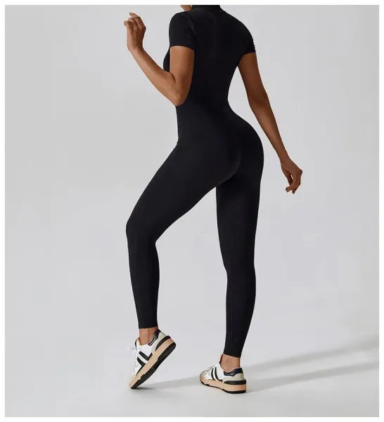 Design Black Zip-Front High-Neck Bodysuit with Short Sleeves Activewear - 24