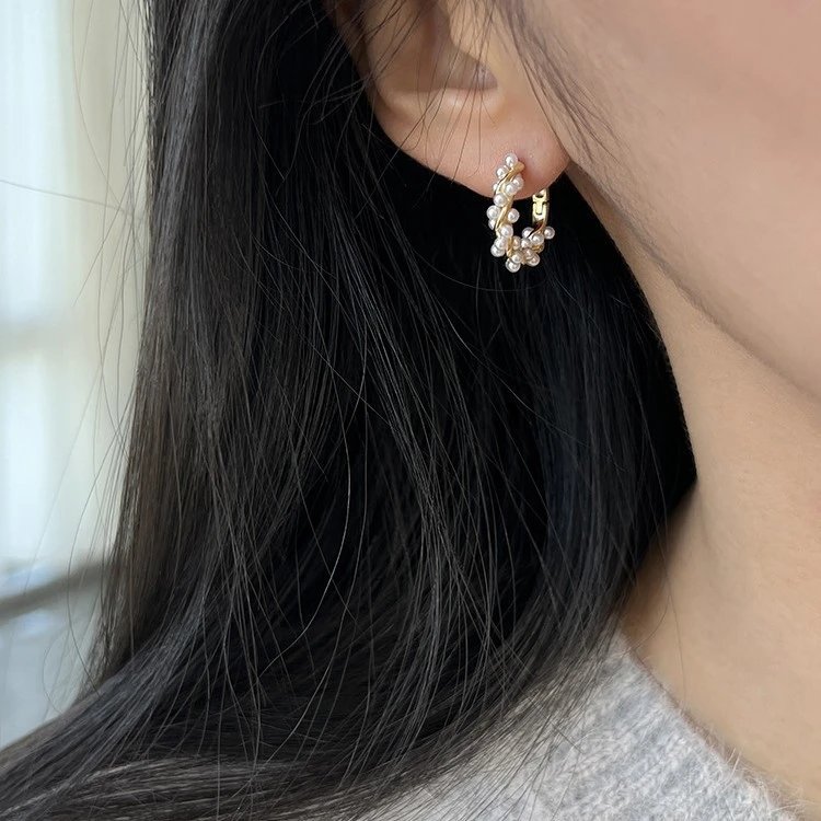 Gold Tone Pearl Hoop Earrings White Classic