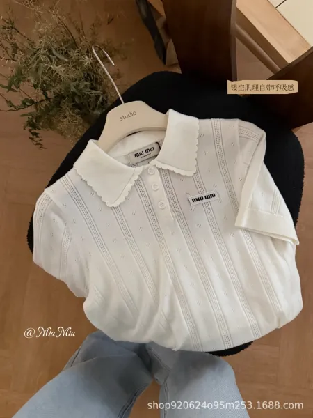 Miu Miu Knit Short-Sleeve Polo Shirt in Cream with Scalloped Collar - 4
