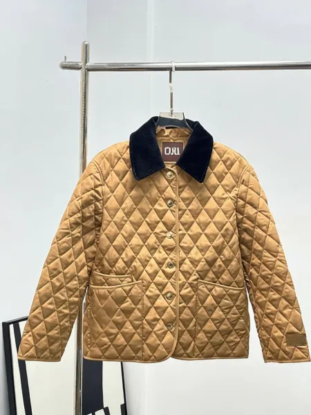 Design Quilted Jacket with Corduroy Collar Beige Outerwear - 3