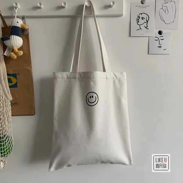 Design Smiley Face Canvas Tote Bag Black - 26