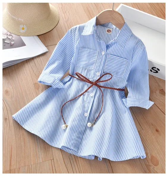 Design Pink Stripe Shirt Dress with Pearl-Tipped Belt - 10