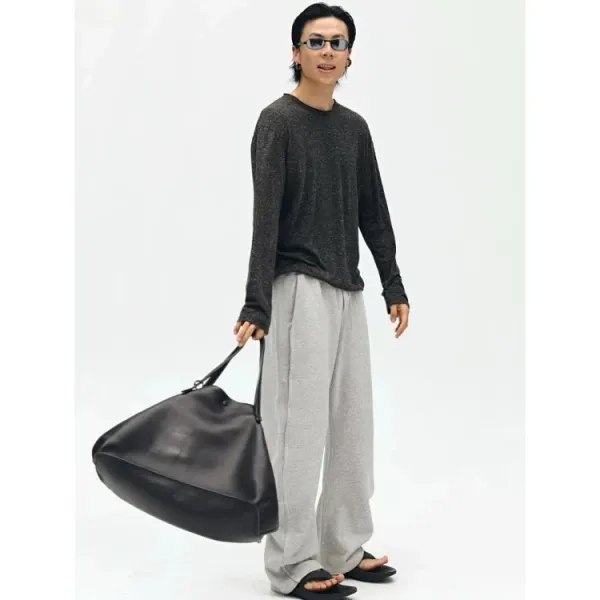 Design Oversized Metallic Knit Sweater Gray Sweatpants Black Leather Hobo Bag - 1