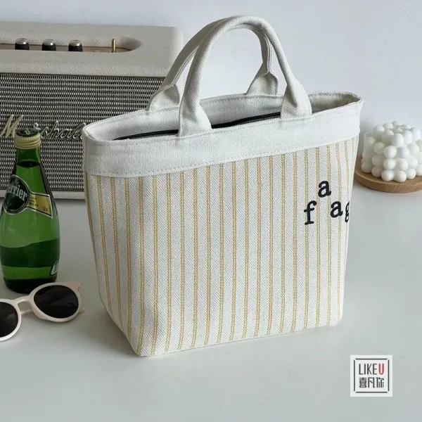 Design Striped Canvas Tote Bag with Embroidered Text - 1