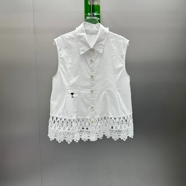 Design White Lace-Hem Sleeveless Shirt Vest Vest Top - 1