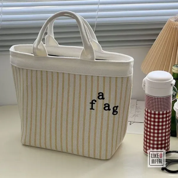 Design Striped Canvas Tote Bag with Embroidered 'a fag' Logo - 14