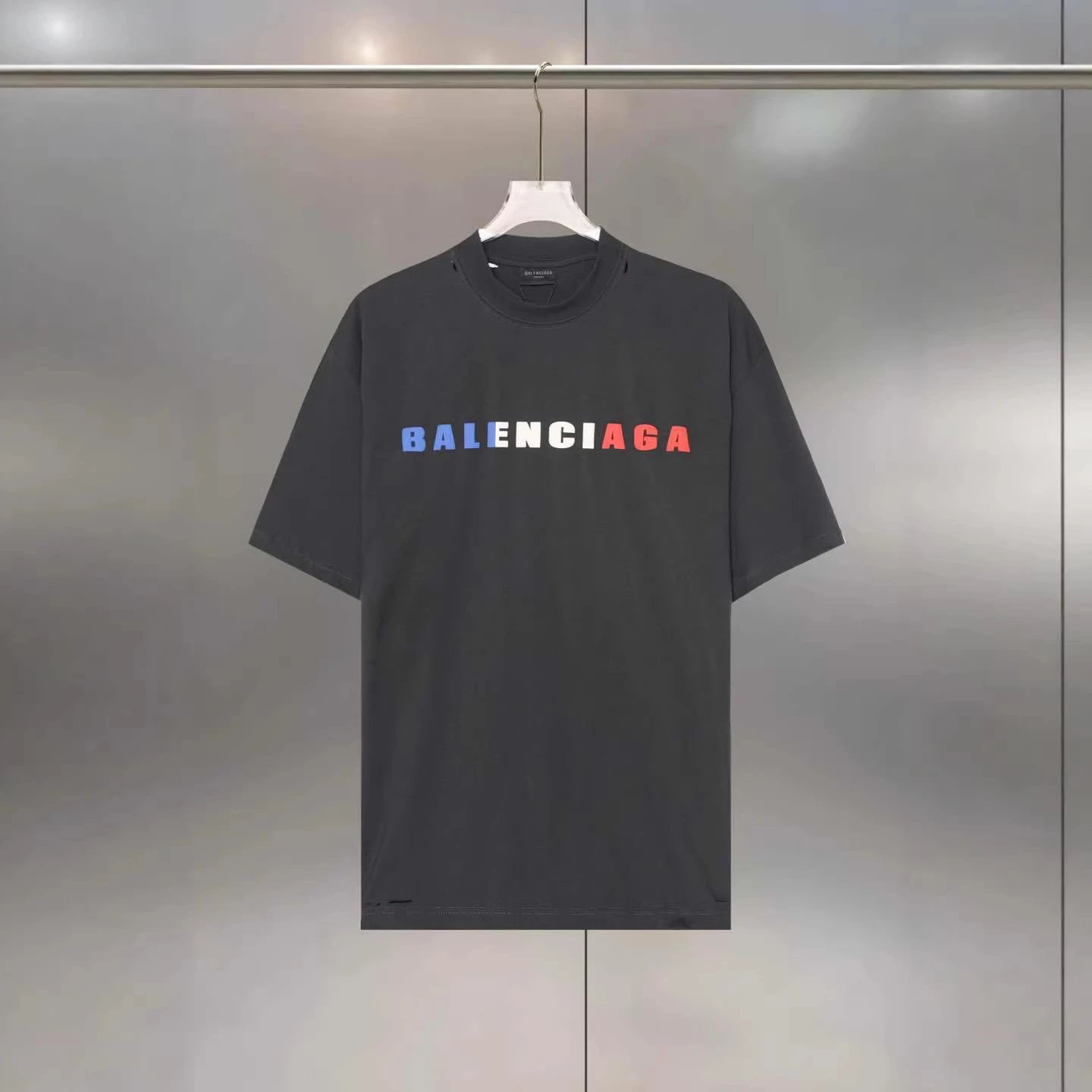 Balenciaga Logo Stripe Navy White Grey Purple Casual T-Shirt