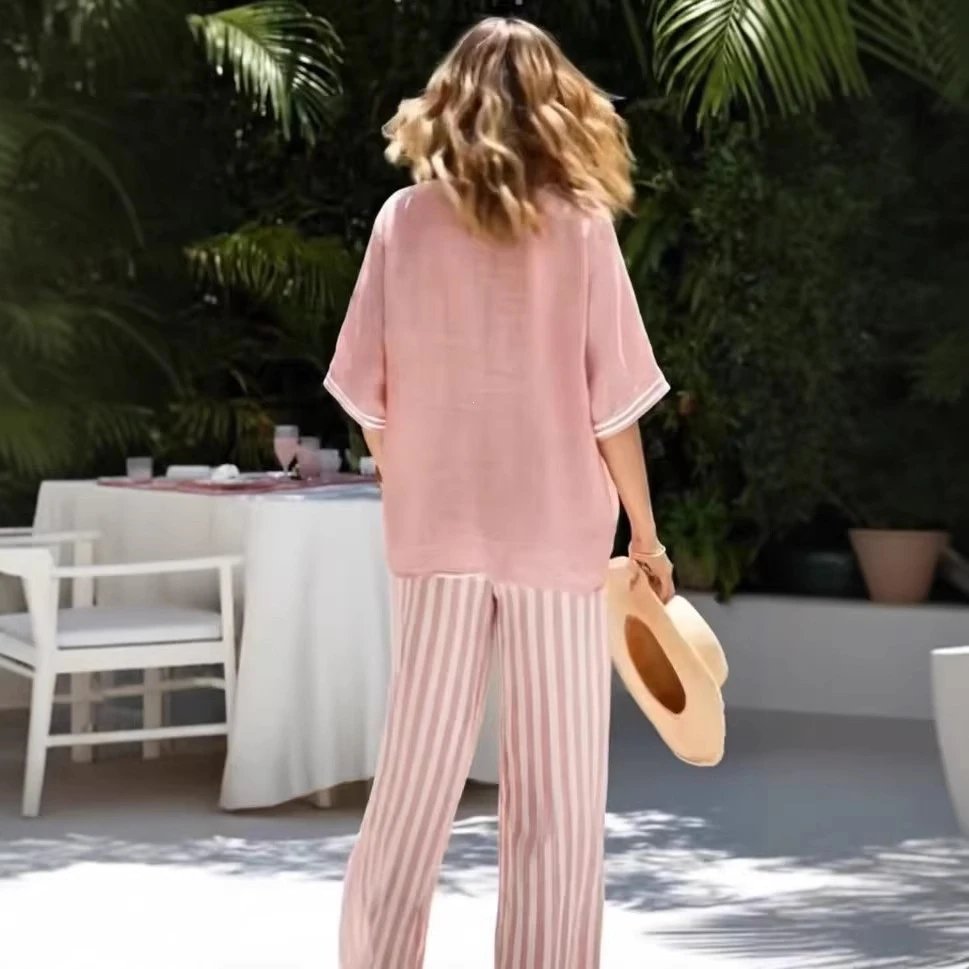 Pink Linen V-Neck Top And Striped Wide Leg Pants Set