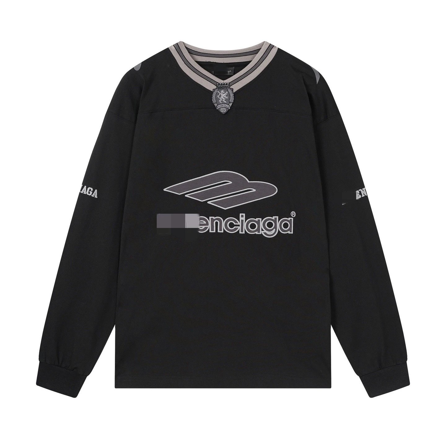 Balenciaga Logo Print V-Neck Long Sleeve Jersey Black