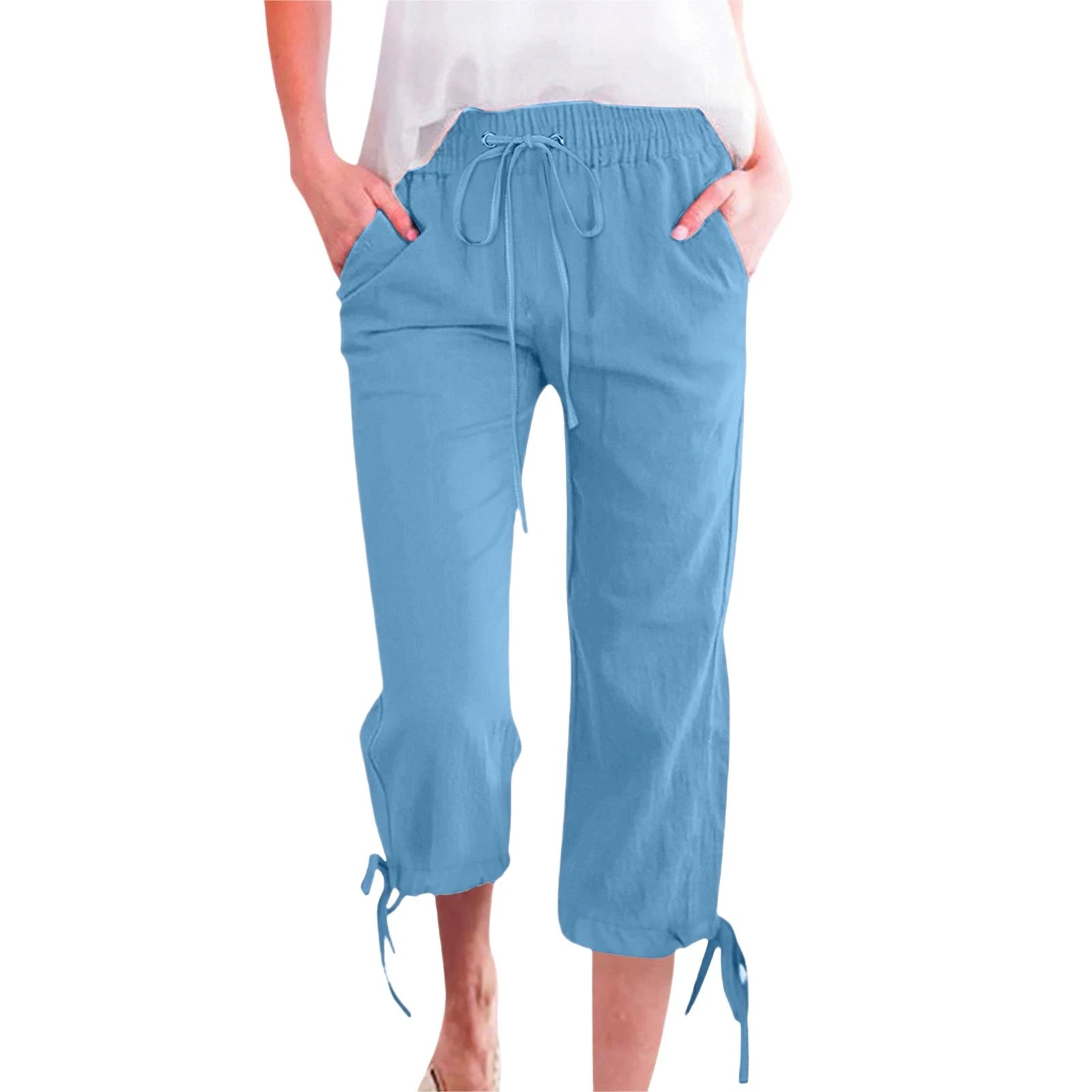 Design Capri Pants Light Blue Drawstring Waist with Cuff Ties