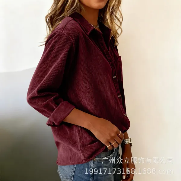 Design Corduroy Button-Up Shirt Forest Green Tops Shirt - 21