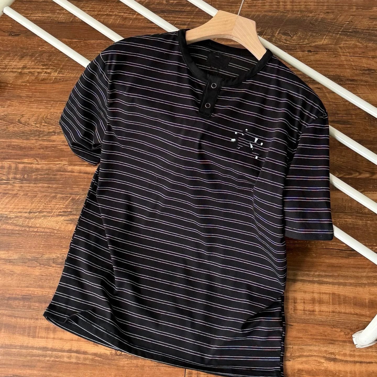 Striped Henley T-Shirt Gray Casual