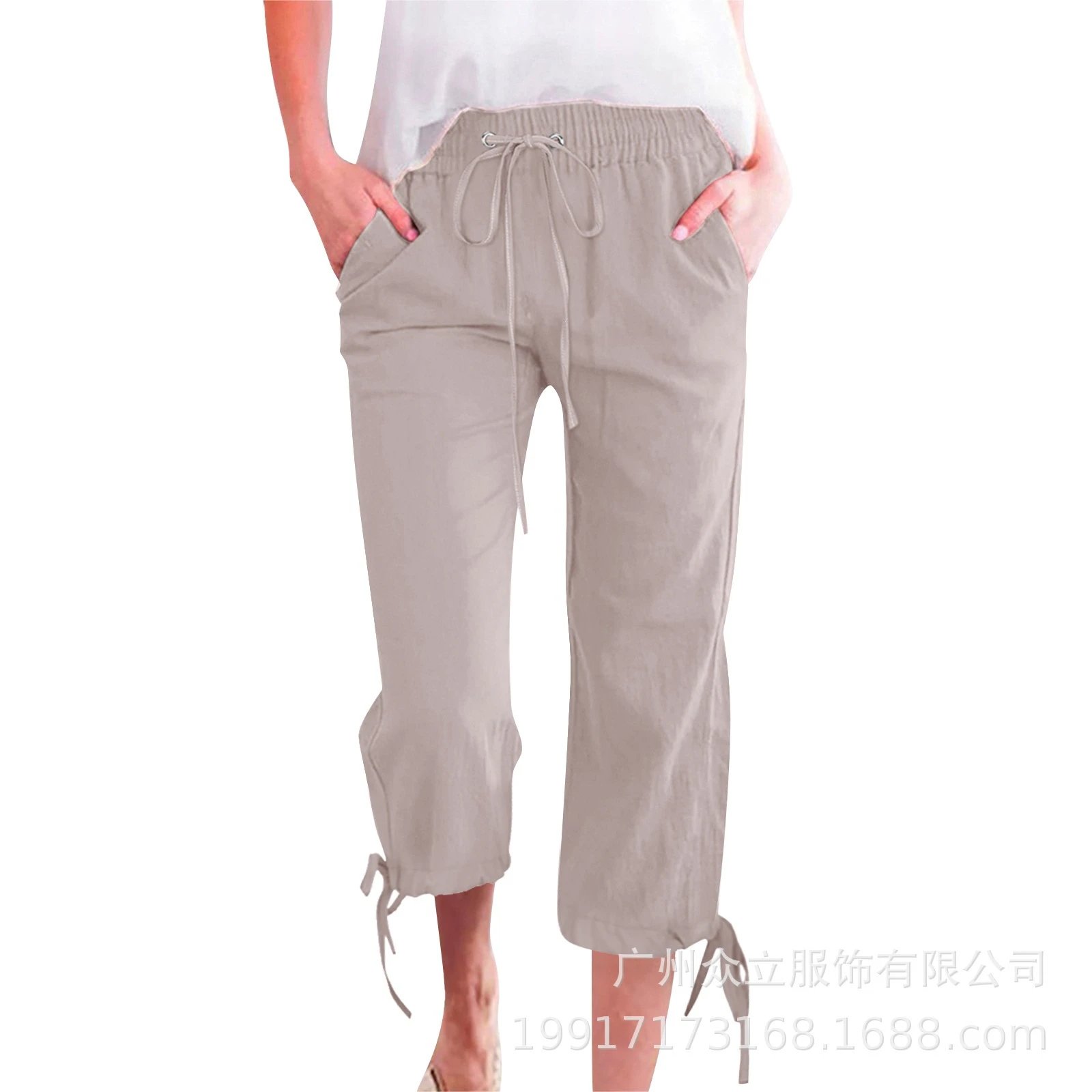 Design Capri Pants Light Blue Drawstring Waist with Cuff Ties - 12