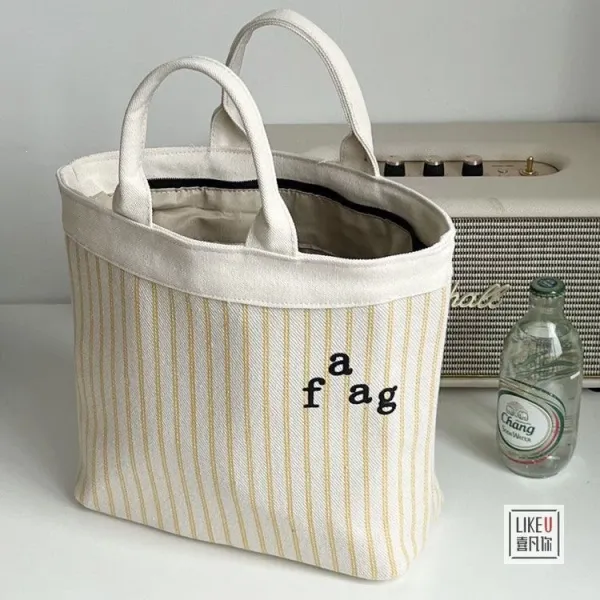 Design Striped Canvas Tote Bag with Embroidered 'a fag' Logo - 27