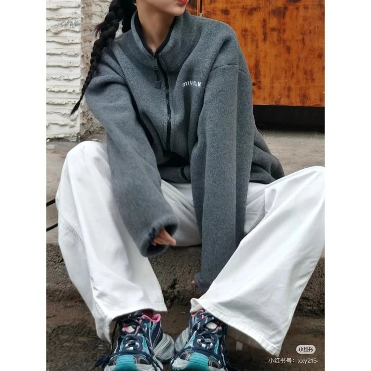 Miu Miu Oversized Fleece Jacket Gray Outerwear - 16