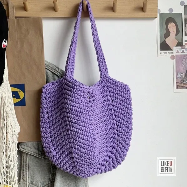 Design Handcrafted Crochet Tote Bag Purple Shoulder Bag Tote Bag - 1