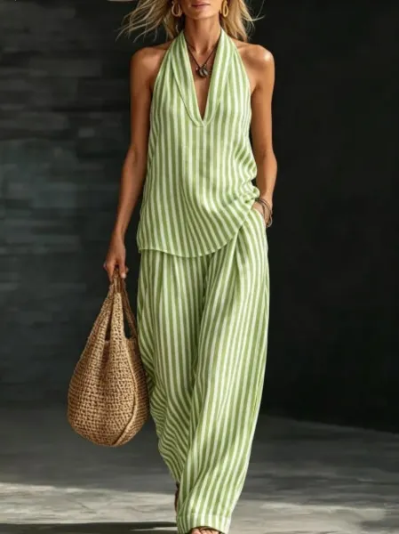 Design Striped Halter Neck Two-Piece Set Pink and White Pants Sets - 12