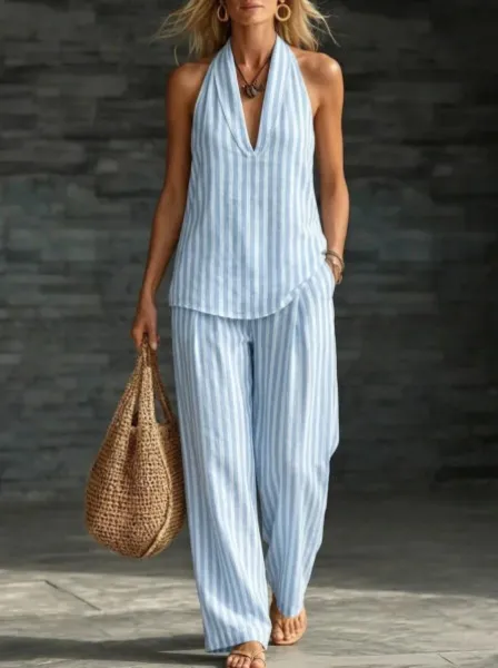 Design Striped Halter Neck Two-Piece Set Pink and White Pants Sets - 14